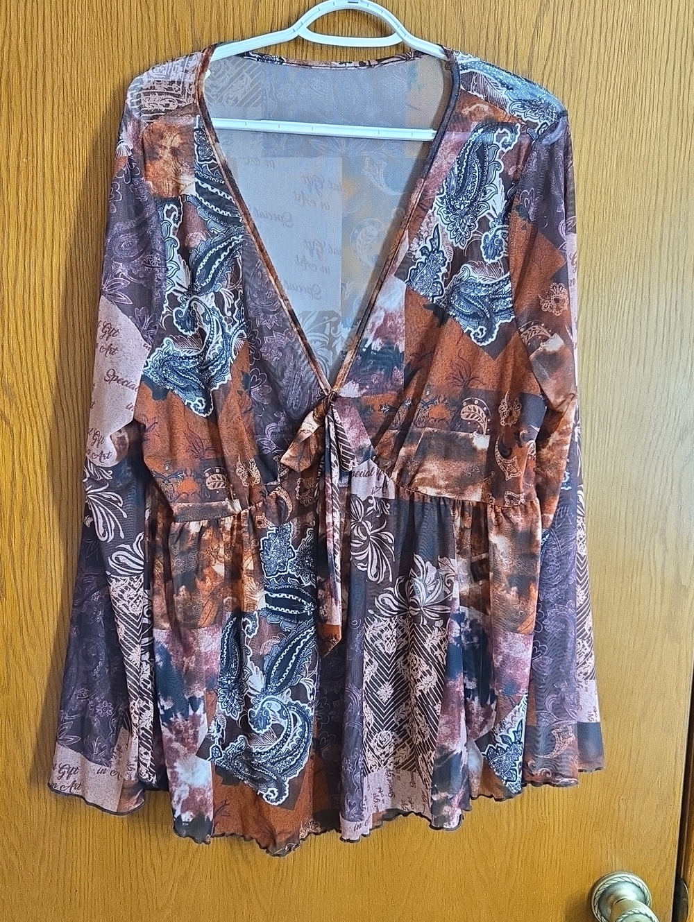 SHEIN Rust and Brown Paisley Tie-Front V-Neck Tunic